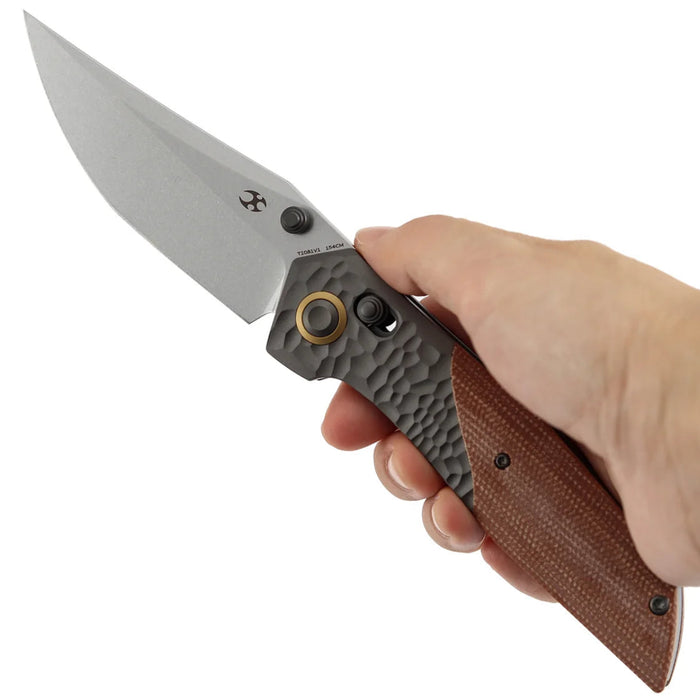 Kansept T1081V1 Deadite (154CM, Clip Point, Stonewashed, Gray Aluminum with Brown Micarta Scales) Folding Knife