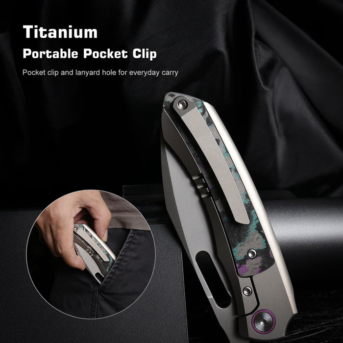 Remette ORCAJY RT-Orca (M390, Drop Point, Pearlescent, Titanium & Carbon Fiber, Button Frame Lock) Pocket Knife