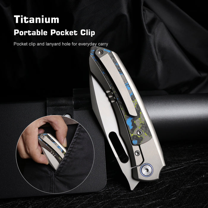 Remette ORCAUR RT-Orca (M390, Drop Point, Pearlescent, Titanium & Carbon Fiber, Button Frame Lock) Pocket Knife