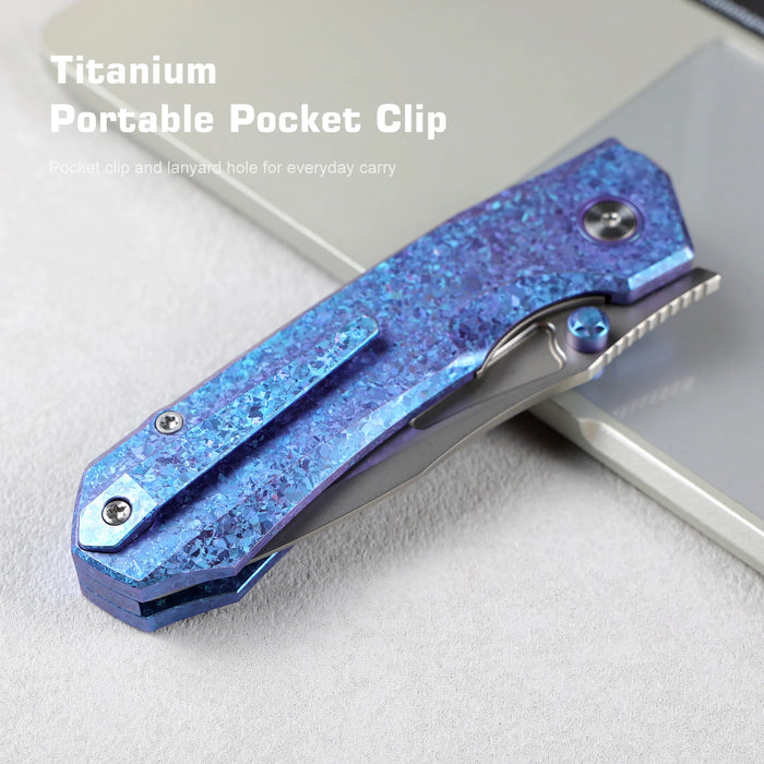 REMETTE RNTB3 RT-Rhino (M390, Drop Point, Pearlescent, Crystallized Titanium, Blue) Pocket Knife