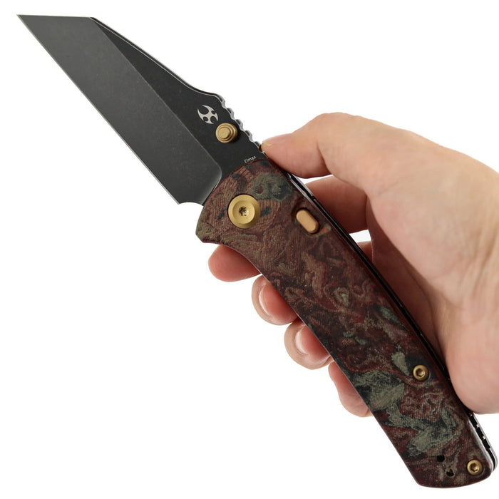 Kansept K1015H1 Main Street (Elmax, Wharncliffe, Blackwash, Red Rag Burl Canvas Micarta) Folding Knife