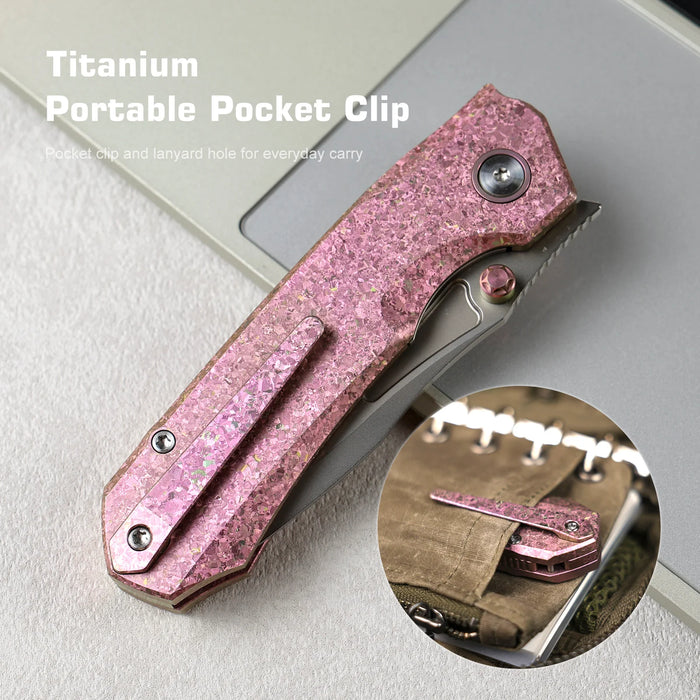 REMETTE RNTB1 RT-Rhino (M390, Drop Point, Pearlescent, Crystallized Titanium, Pink) Pocket Knife