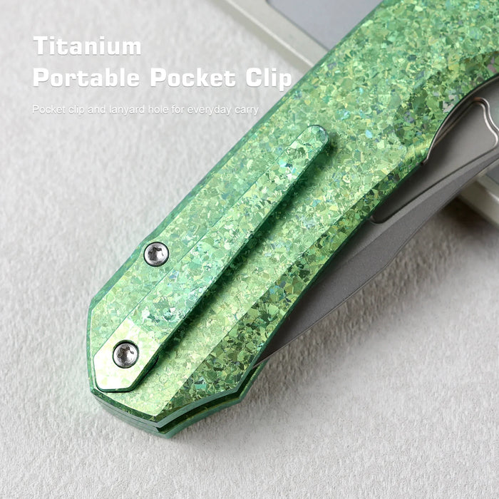 REMETTE RNTB4 RT-Rhino (M390, Drop Point, Pearlescent, Crystallized Titanium, Green) Pocket Knife