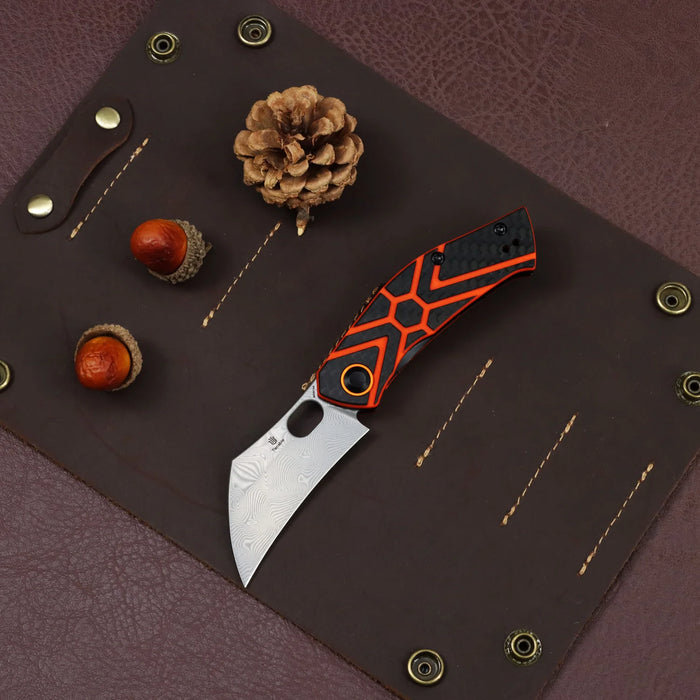 Tenable B2087A4 Osprey (Damascus, Recurved Hawkbill, Twill Carbon Fiber & Orange G10) Folding Knife