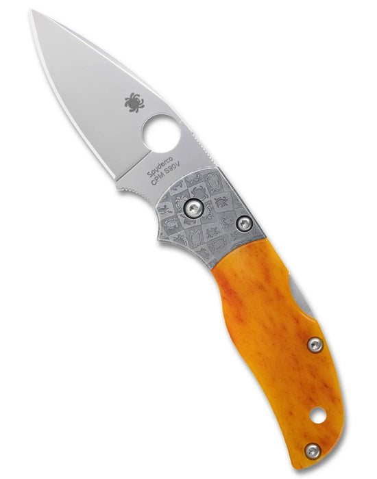 Spyderco C41BA50TH Native 5 (CPM S90V, Drop Point, Satin, Amber Bone Damascus, Back Lock) Pocket Knife