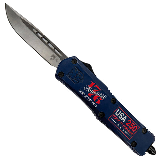 Folding knife with blue handle and 'USA 250' text on a white background