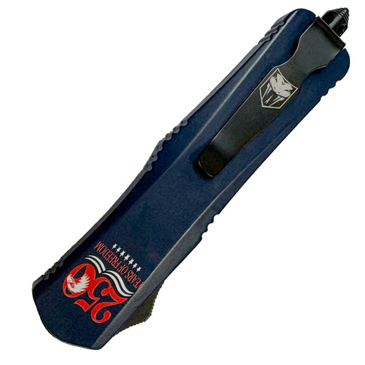 Blue knife with a logo on a white background