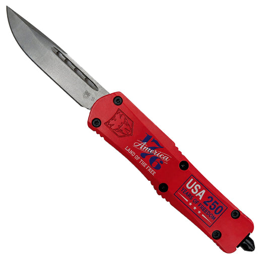 Red pocket knife with visible branding on a white background
