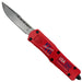 Red pocket knife with visible branding on a white background
