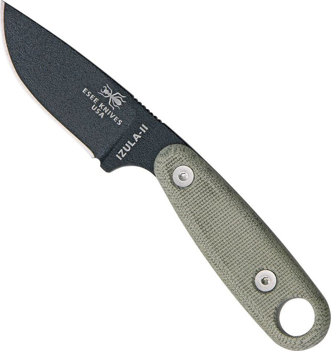 ESEE IZULA 2 (1095, Drop Point, Black, Powder Coat, Micarta) Fixed Blade Knife with Survival Kit