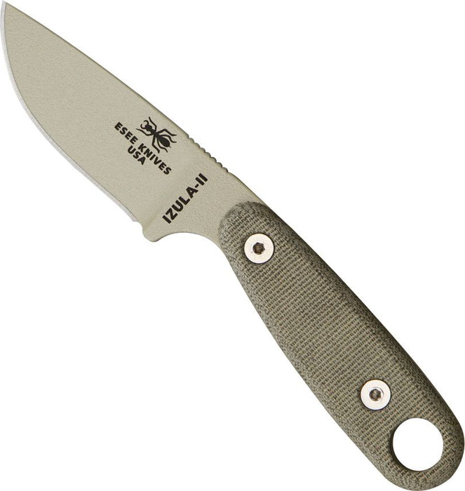 ESEE IZULA 2 (1095, Drop Point, Desert Tan, Powder Coat, Sheath, Micarta) Fixed Blade Knife with Survival Kit