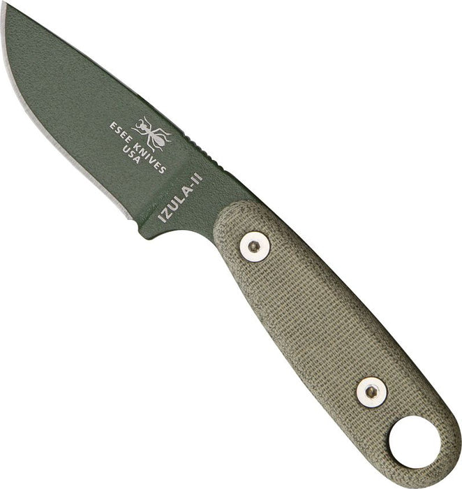 ESEE IZULA 2 (1095, Drop Point, OD Green, Powder Coat, Sheath) Fixed Blade Knife with Survival Kit