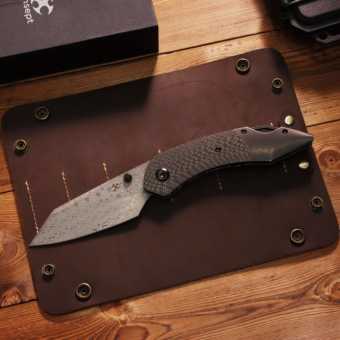 Kansept K1151A4 K9 (Damascus, Modified Wharncliffe, Acid Etched, Twill Carbon Fiber/G10 Laminate & Blackwash Titanium) Folding Knife