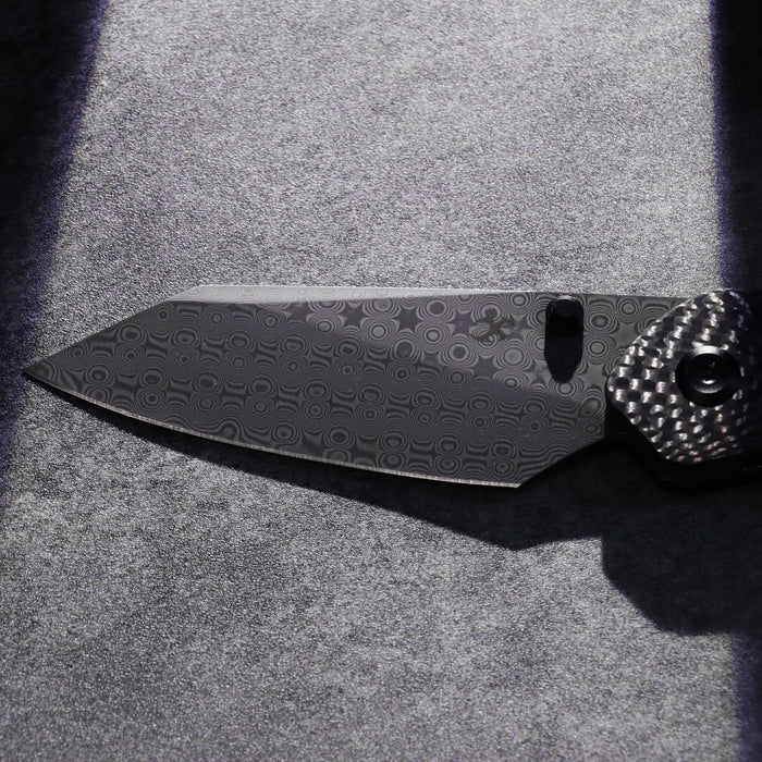 Kansept K1151A4 K9 (Damascus, Modified Wharncliffe, Acid Etched, Twill Carbon Fiber/G10 Laminate & Blackwash Titanium) Folding Knife