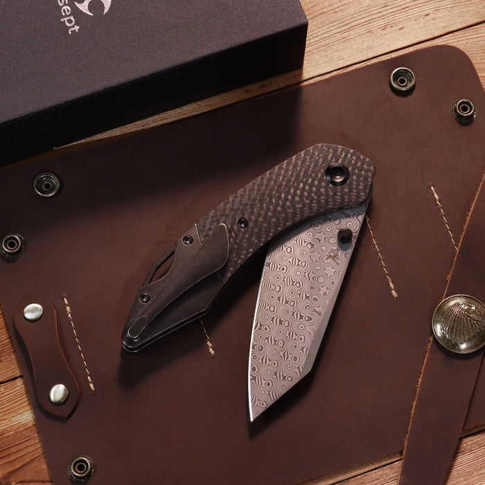 Kansept K1151A4 K9 (Damascus, Modified Wharncliffe, Acid Etched, Twill Carbon Fiber/G10 Laminate & Blackwash Titanium) Folding Knife