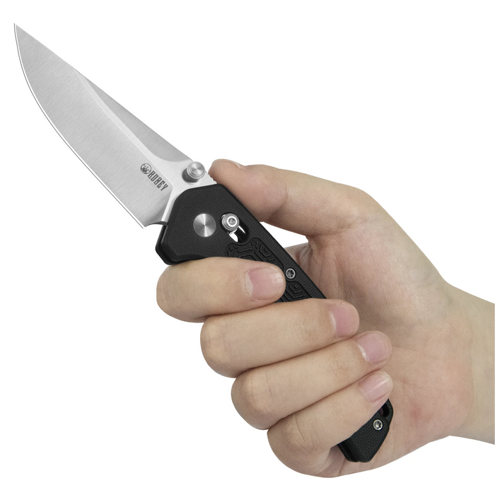 Kubey KU464A Geri (14C28N, Clip Point, Satin, Black G10, Crossbar Lock) Folding Pocket Knife