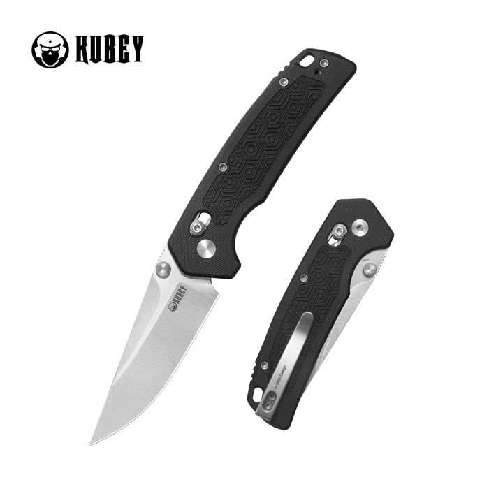 Kubey KU464A Geri (14C28N, Clip Point, Satin, Black G10, Crossbar Lock) Folding Pocket Knife