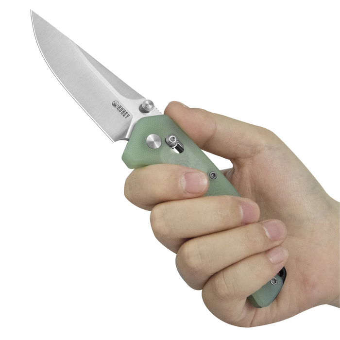 Kubey KU464B Geri (14C28N, Clip Point, Satin, Jade G10, Crossbar Lock) Folding Pocket Knife