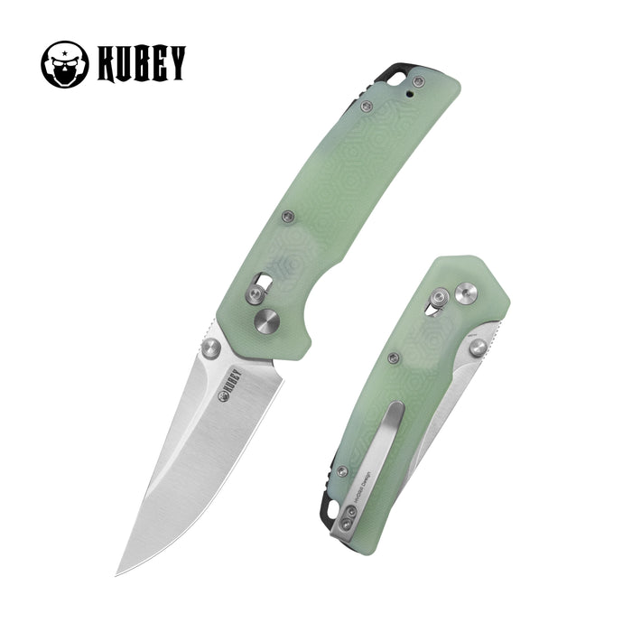 Kubey KU464B Geri (14C28N, Clip Point, Satin, Jade G10, Crossbar Lock) Folding Pocket Knife