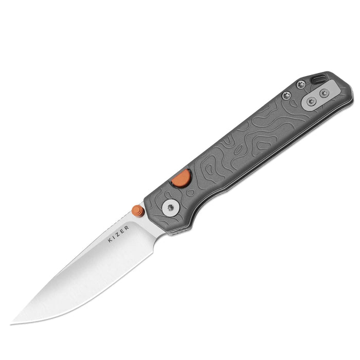 Kizer Ki3458.2BDA1 Begleiter 2.9 (S35VN, Drop Point, Satin, Gray Aluminum, Button Liner Lock) Pocket Knife