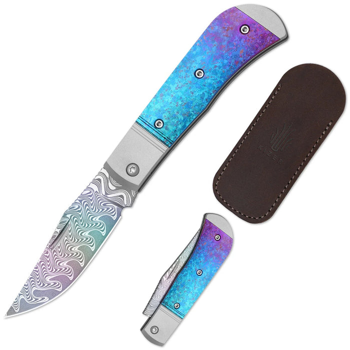 Kizer Ki3761A4 Trestle (Rainbow Damascus, Acid-Washed, Clip Point, Aluminum/Titanium) Slip Joint Pocket Knife