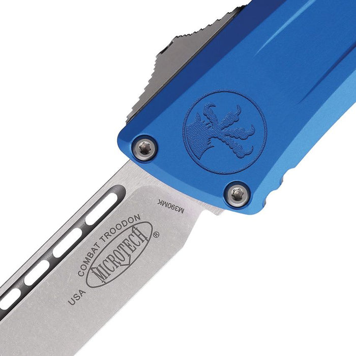 Microtech 1143-10BL Combat Troodon GEN III (M390MK, Drop Point, Stonewashed, Aluminum, Blue, OTF) Automatic Pocket Knife