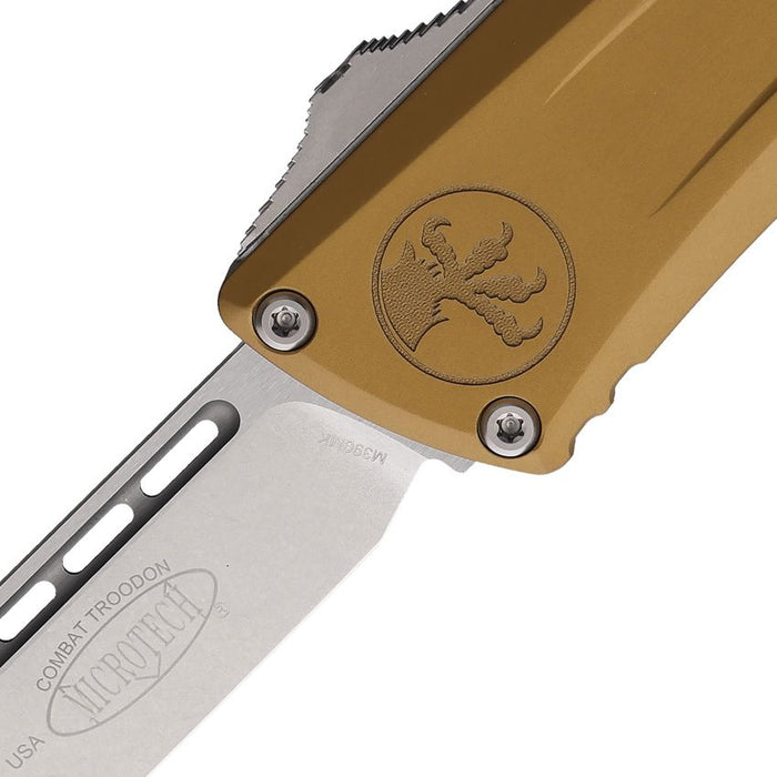 Microtech 1143-10TA Combat Troodon GEN III (M390MK, Drop Point, Stonewashed, Tan, Aluminum) Automatic Pocket Knife