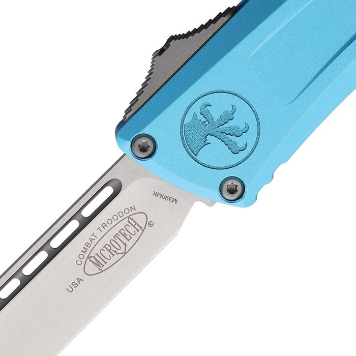 Microtech 1143-10TQ Combat Troodon GEN III (M390MK, Drop Point, Stonewashed, Aluminum, Turquoise, OTF) Automatic Pocket Knife