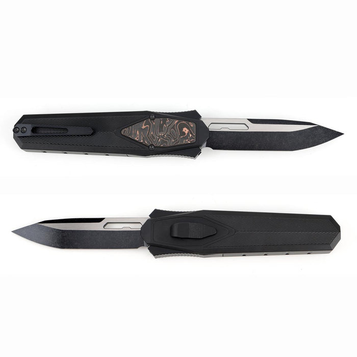 Black folding knife with a decorative blade on a white background