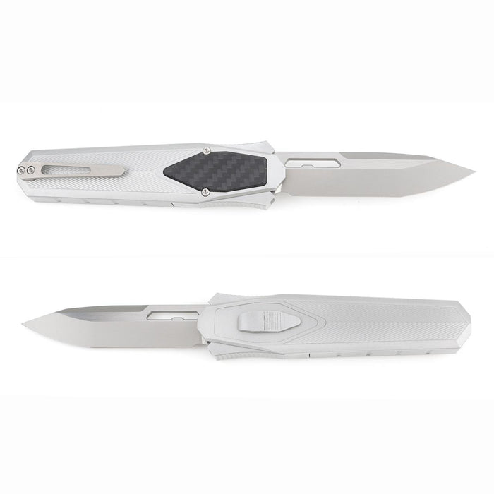 Folding knife with a white handle and carbon fiber pattern on a white background