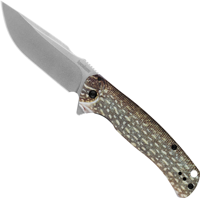 Kershaw 1416NP Scour (8Cr13MoV, Stonewashed, Drop Point, Stainless Steel, Northern Pike) Folding Knife