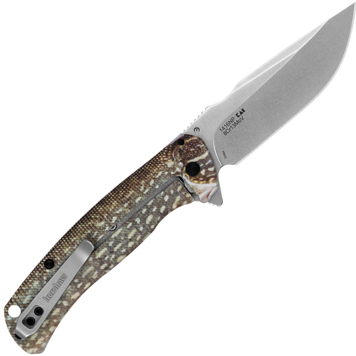 Kershaw 1416NP Scour (8Cr13MoV, Stonewashed, Drop Point, Stainless Steel, Northern Pike) Folding Knife