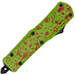 A tactical submachine gun knife with a bright lime green handle decorated with red blood splatters and handprints, shown against a plain white background.