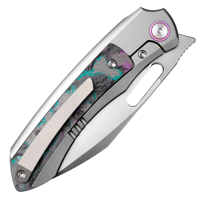 Remette ORCAJY RT-Orca (M390, Drop Point, Pearlescent, Titanium & Carbon Fiber, Button Frame Lock) Pocket Knife