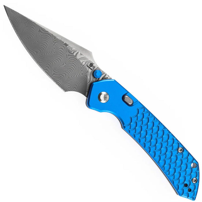 Tenable B1034H9 Fenrir (Damascus, Harpoon, Blackwash, Dark Blue Anodized Aluminum with Fishscale Texture) Folding Knife