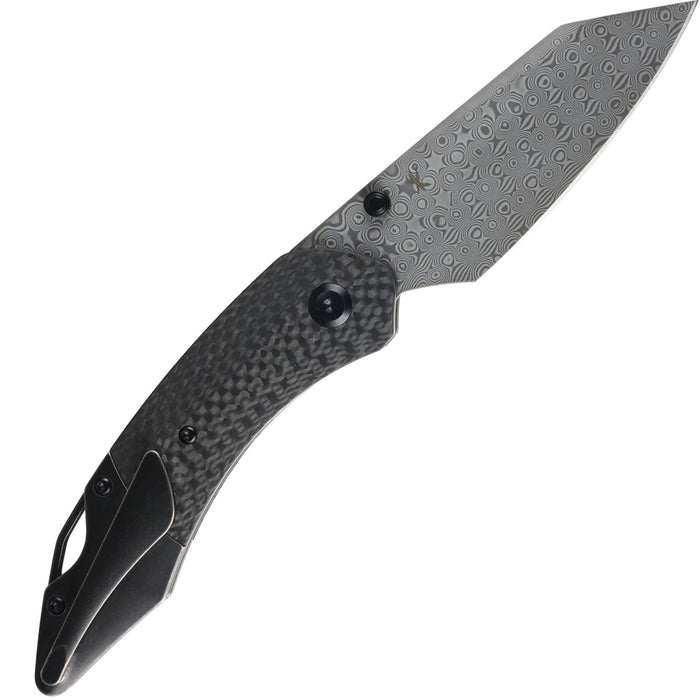 Kansept K1151A4 K9 (Damascus, Modified Wharncliffe, Acid Etched, Twill Carbon Fiber/G10 Laminate & Blackwash Titanium) Folding Knife