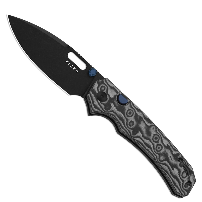 Kizer V3802BDA2 Outposter (Nitro-V, Drop Point, Black PVD, Vortex Pattern Micarta, Button Liner Lock) Pocket Knife