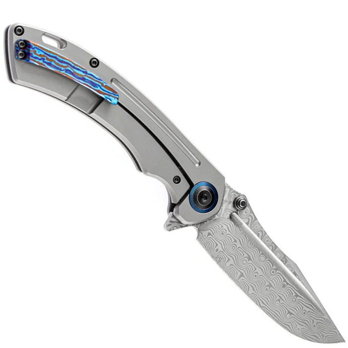 Kansept K1032D1 Pretatout (Damascus, Clip Point, Stonewashed Titanium) Folding Knife
