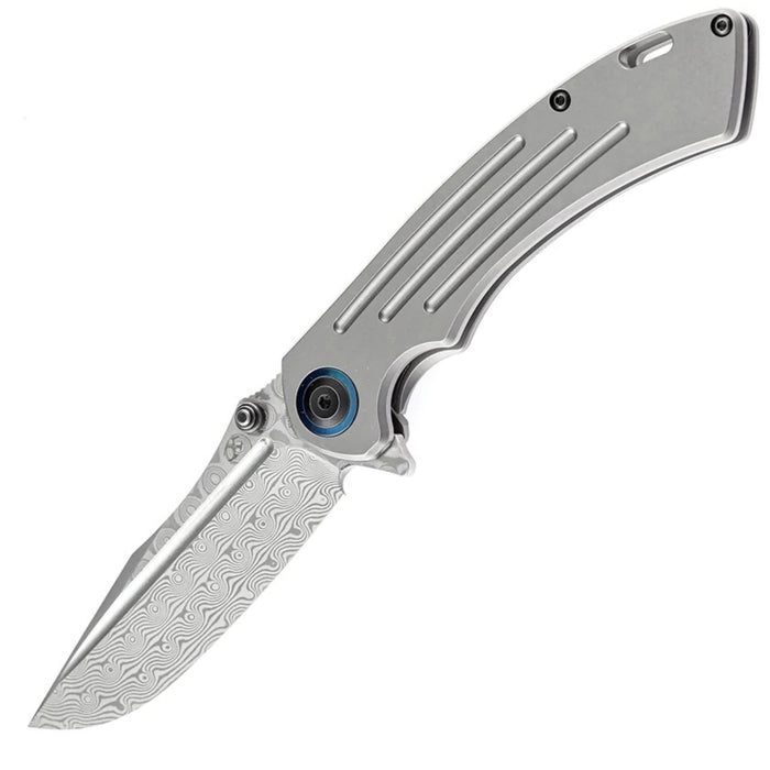 Kansept K1032D1 Pretatout (Damascus, Clip Point, Stonewashed Titanium) Folding Knife