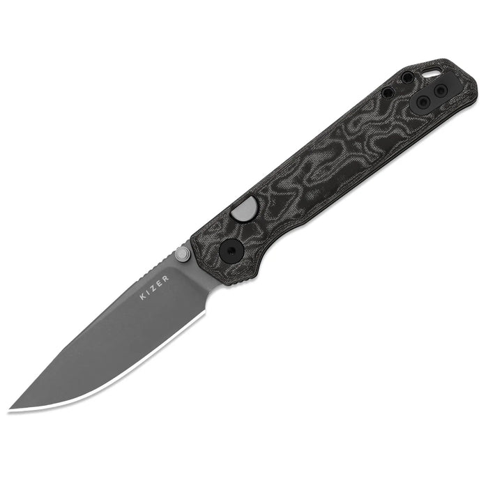 Kizer V3458.2BDA2 Begleiter 2.9 (BD1N, Drop Point, Gray PVD, Stonewashed, Vortex Pattern Micarta, Button Liner Lock) Pocket Knife