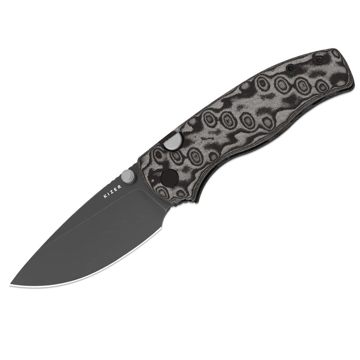 Kizer V3801A2 Glaux (14C28N, Drop Point, Gray PVD, Stonewashed, Vortex Pattern Micarta, Button Liner Lock) Pocket Knife