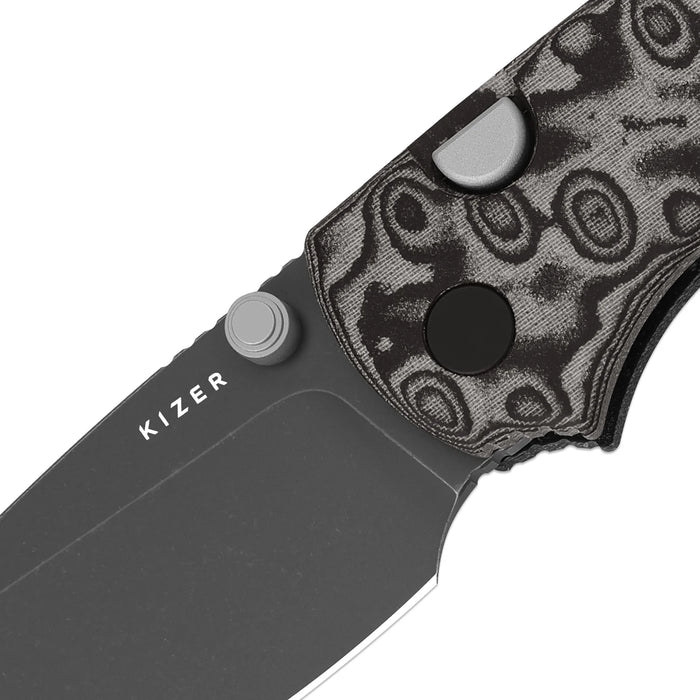 Kizer V3801A2 Glaux (14C28N, Drop Point, Gray PVD, Stonewashed, Vortex Pattern Micarta, Button Liner Lock) Pocket Knife
