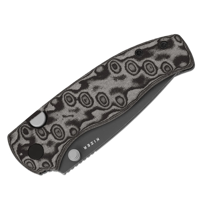 Kizer V3801A2 Glaux (14C28N, Drop Point, Gray PVD, Stonewashed, Vortex Pattern Micarta, Button Liner Lock) Pocket Knife