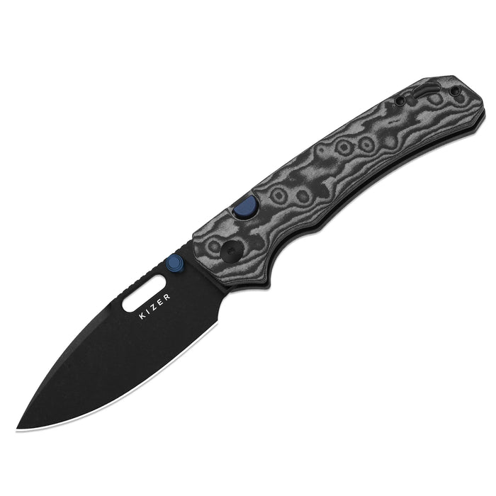Kizer V3802BDA2 Outposter (Nitro-V, Drop Point, Black PVD, Vortex Pattern Micarta, Button Liner Lock) Pocket Knife