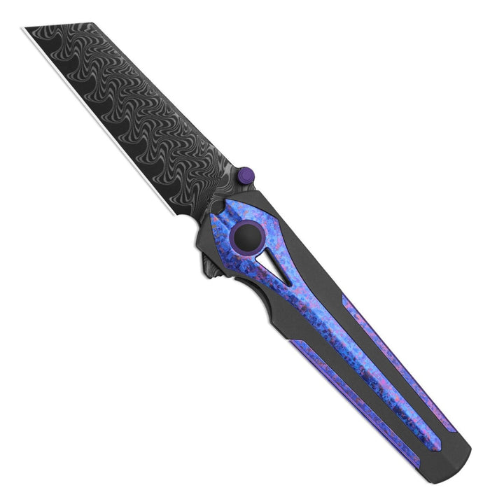 Kizer Ki3795A1 Staff (Damascus, Reverse Tanto, Acid-Washed, Titanium & Crystallized Titanium, Frame Lock) Folding Pocket Knife