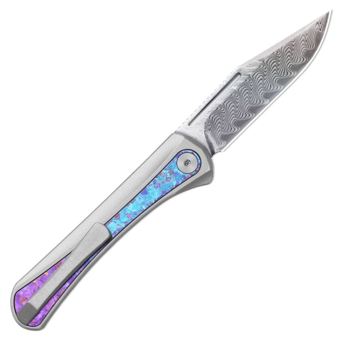 Kizer Ki3732A1 Melody (Rainbow Damascus, Clip Point, Acid-Washed, Aluminum & Crystallized Titanium, Slip Joint) Folding Pocket Knife