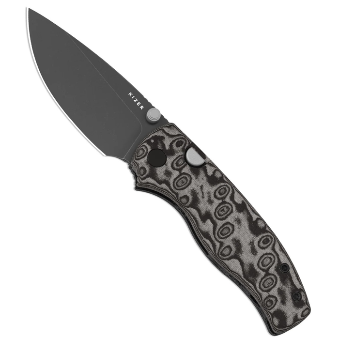 Kizer V3801A2 Glaux (14C28N, Drop Point, Gray PVD, Stonewashed, Vortex Pattern Micarta, Button Liner Lock) Pocket Knife