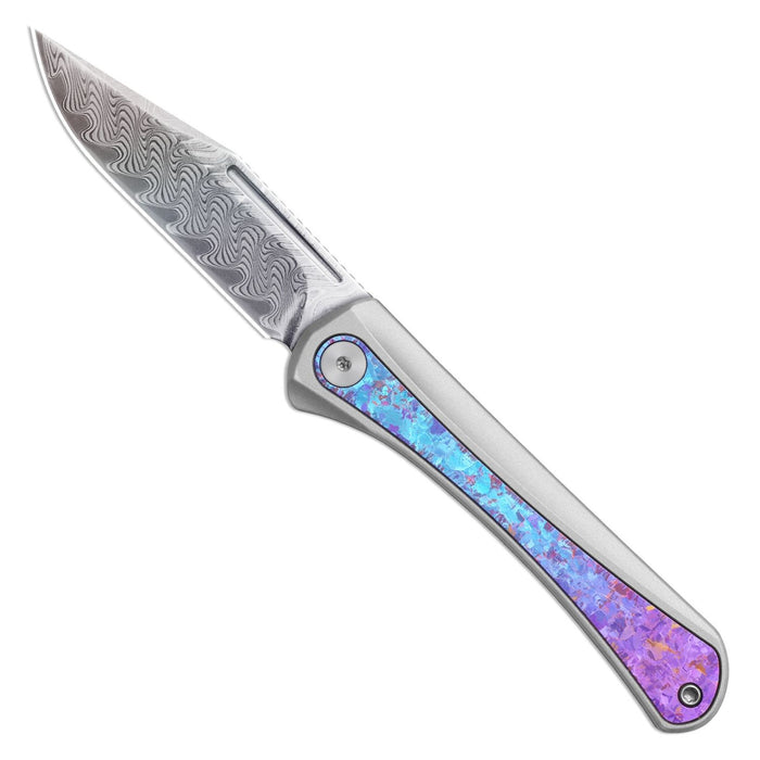 Kizer Ki3732A1 Melody (Rainbow Damascus, Clip Point, Acid-Washed, Aluminum & Crystallized Titanium, Slip Joint) Folding Pocket Knife