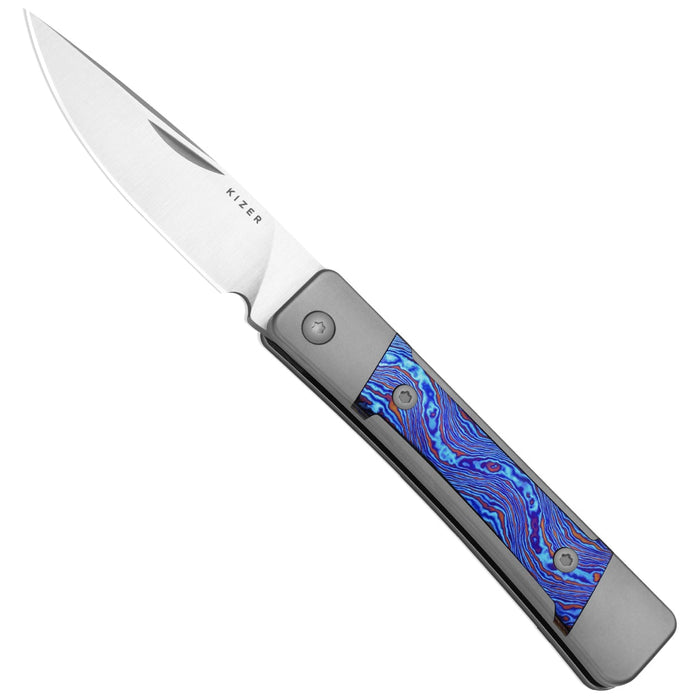 Kizer Ki2670A3 Little Grand (M390, Drop Point, Satin, Titanium/Damascus) Slip Joint Pocket Knife