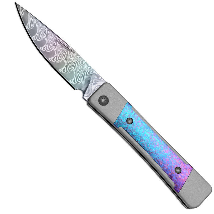 Kizer Ki2670A4 Little Grand (Rainbow Damascus, Drop Point, Acid-Washed, Aluminum/Titanium) Slip Joint Pocket Knife